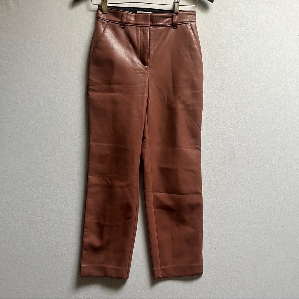Babaton Vegan Leather Pants Cognac Brown High Rise Straight Sz 0